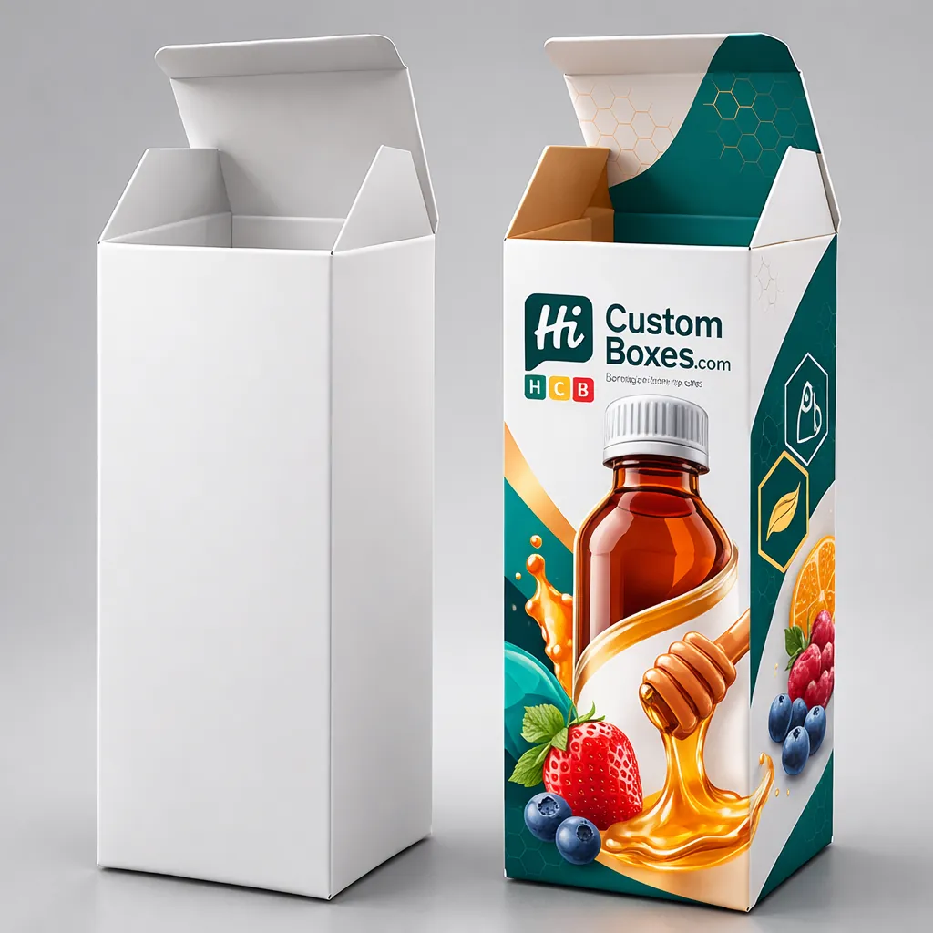 Two upright medicine boxes with open top flaps, one plain white and one with colourful fruit graphics.